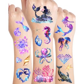 192 Pieces Under The Sea Mermaid Temporary Tattoos Stickers,20 Sheets Sea Creatures Ocean Animal Themed Tattoos Stickers Party Decoration Supplies Party favors for Adults