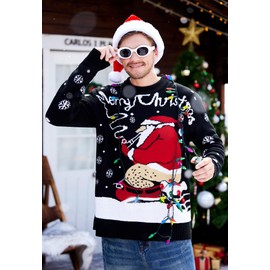 Mainfini Men Christmas Sweater Ugly Xmas Santa Jumper Travel Black Graphic Snowflake Loose Fit Pullovers XXL