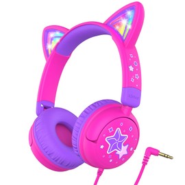 iClever Kids Headphones Cat Ear, LED Light Up, 85dBA Safe Volume, Stereo Sound Toddler Headphones for Travel School, Foldable 3.5mm Wired Kids Headphone for iPad Tablets, Meow Lollipop-Hot Pink