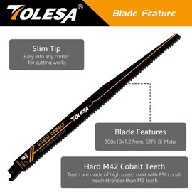 TOLESA Nail Embedded Wood Reciprocating Saw Blades for Window Door Demolition and Construction Wood Cutting 12 Inch 6TPI Bi-Metal Teeth with Cobalt Sharp Cutting 5 Pack