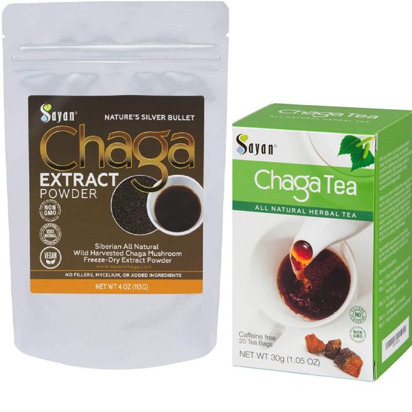 Sayan Siberian Wild harvested Chaga Mushroom Extract Powder and Chaga Tea - Antioxidant, Caffeine Free 4 Oz Package + 20 Tea Bags
