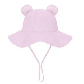 Jastore Baby Girl Boy Sun Hat with UPF 50+ Bear Ear Infants Boys Cap Outdoor Adjustable Beach Hat with Wide Brim Bucket Hats (US, Age, 0 Months, 6 Months, Pink)