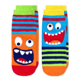 Jefferies Socks Boys Fuzzy Holiday Gnome Monster Stripe Non-Skid Slipper Socks 4 Pair Pack (Multi, Small)