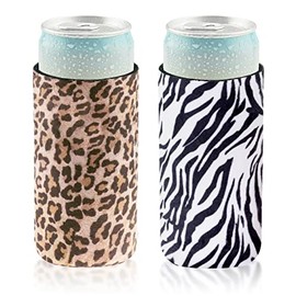 Casa-Eco Soft Velvet Fabric Neoprene Slim Can Cooler, 12oz Beverage Skinny Cans Sleeves for Girls, Wedding, Bachelorette Party, Events, 2-Pack (Cheetah, Zebra)