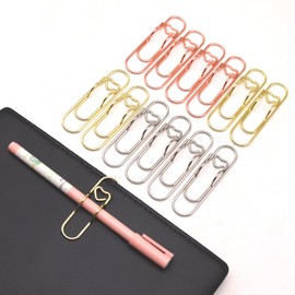 NELJIBEHU 12 Pcs Metal Pen Holder Clips for Notebook, Planner Accessories, 2.8-Inch Jumbo Heart Paper Clips