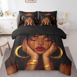 Manfei African Ethnic Girl Queen Bedding Set 7 Pieces,Juneteenth Theme Black Skin Women Comforter Set with Sheets for Kids,Golden Jewel Glitter Luxury Black Bed Set in a Bag with Pillow Covers