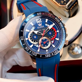 OLEVS Blue Mens Watches Military Sport Waterproof Big Face Chronograph Watch Luminous Silicon Strap Casual Watches for Men Fashion Reloj para Hombre Business Wrist Watch