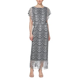 S.L. Fashions Women's Blouson Metallic Crochet Dress with Fringe Hemline, Silver, 10