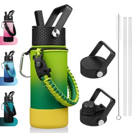 BJPKPK Water Bottle with Straw Lid, 18oz Insulated Water Bottles with 3 Lids, Paracord Handle & Non-slip Boot,Stainless Steel Metal Thermos,BPA Free Leak Proof Tumblers,Bamboo Grove