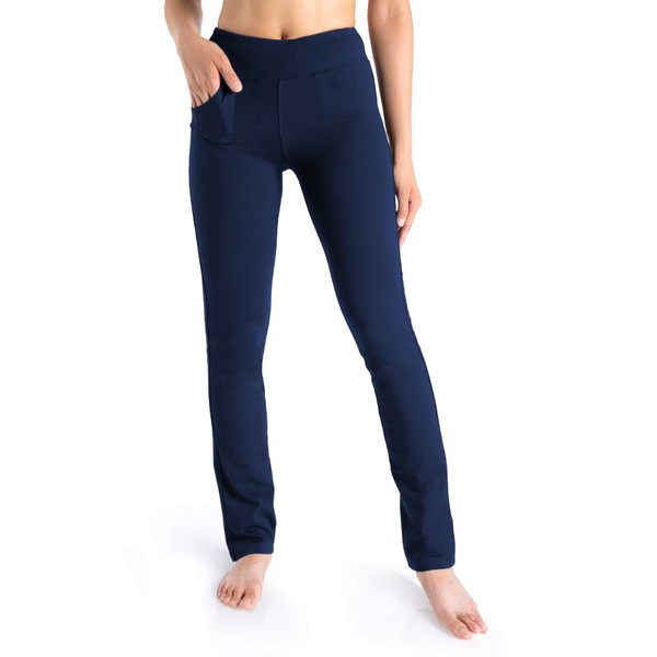 Yogipace, 5 Pockets, Petite Women's Straight Leg Yoga Pants Long Stretch Dress Pants Slim fit Workout Pants Travel Commute Work, 27",Navy Blue, L