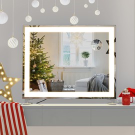 BEAUTME Vanity Mirror with Lights,Hollywood Lighted Makeup Cosmetic Mirrors with Smart Button,Tabletop Makeup Mirrors,with10X Round Mirror,48.5x40.5cm,Silver
