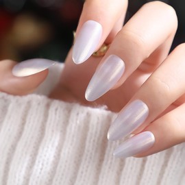 Press on Nails Pearl White Fake Nails Medium Almond False Nails with Matte Glitter Nature Stick on Nails Glossy Full Cover Acrylic Nails for Women Girls Nail Decoration 24 Pcs