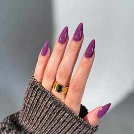 SXVME 48 Pcs Berry False Nails Almond Medium Length, Acrylic Press on Nails Stiletto, Solid Color Glossy Gel Full Cover Fake Nails for Women Finger Decoration