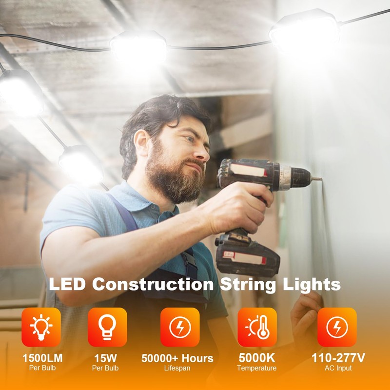 50FT LED Construction String Lights, 75W Super Bright 7500LM Plug