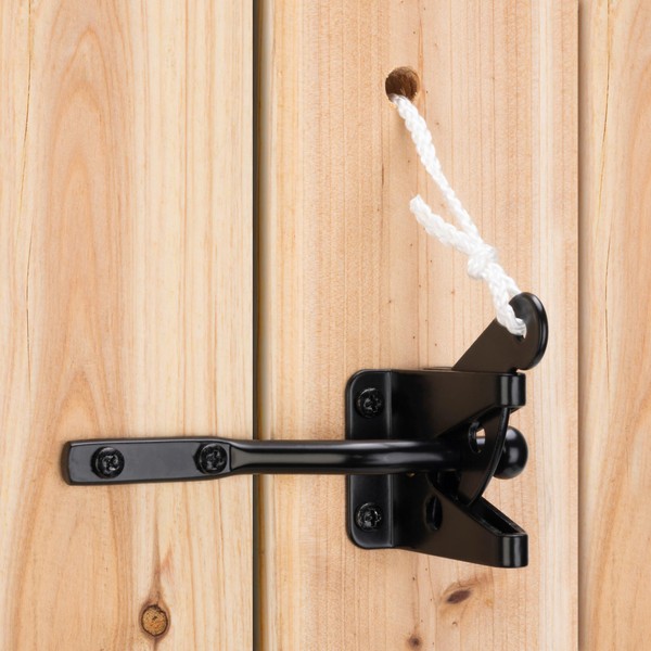 SANKINS Self Locking Heavy Duty Gate Latch Automatic Gravity Lever for Wooden Fence with Longer Fasteners, Door Latches with Pull String, Steel, Black