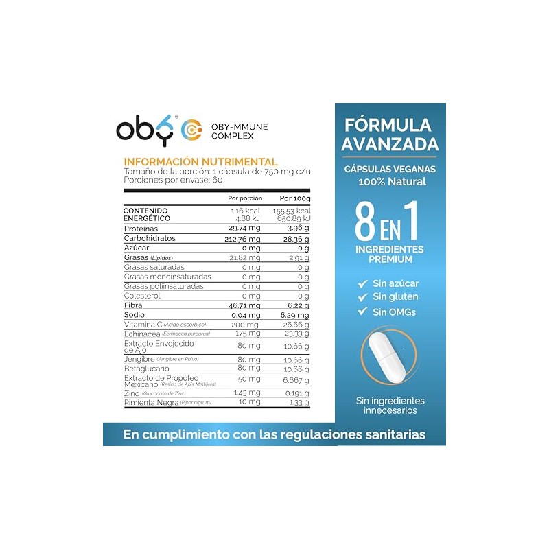 Oby Immune Complex Vitamina Zinc Echinacea Ajo Envejecido Jengibre Propóleo