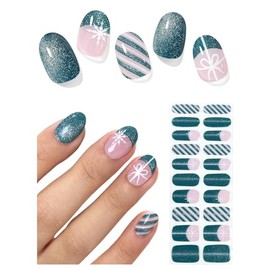Semi Cured Gel Nail Strips (Green Cat Eye), Christmas Snowflake, Bow, 20 Pcs Gel Nail Wraps, Stickers, Long Lasting, Works with Any UV Lamps