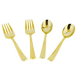 Blue Sky Disposable Gold Serving Spoon and Forks Set | 4 Count (2 - Serving Spoons & 2 - Serving Forks) - Perfect for Parties and Events