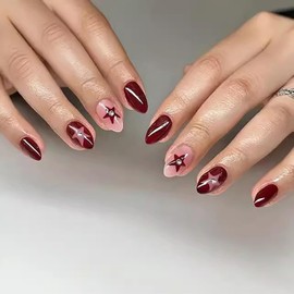 Short Press on Nails Almond Shape Fake Nails Cute Acrylic Nails Red RIICFDD Nails Red Star Nails Press ons Full Cover Artificial Glossy Glue on Nails for Women and Girls Artificial Nails 24 Pcs