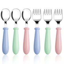 6 Pcs Kids Utensils, Stainless Steel Toddler Silverware Children's Safe Flatware Set Metal Cutlery Set with Round Handle, 3 x Safe Forks, 3 x Children Tablespoons (Pink, Blue, Green)
