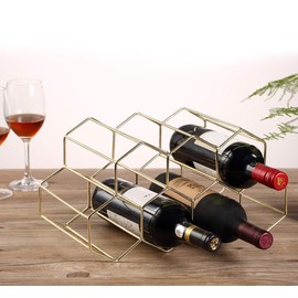 9 Bottles Metal Wine Rack, Countertop Free-Stand Wine Storage Holder, Space Saver Protector for Red & White Wines - Gold