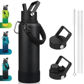 BJPKPK Insulated Water Bottle with Straw Lid, 40oz Large Thermal Flasks with 3 Lids, Paracord Handle & Non-slip Boot, BPA Free Leak Proof Stainless Steel Metal Water Bottles, Tumblers, Cups,Black