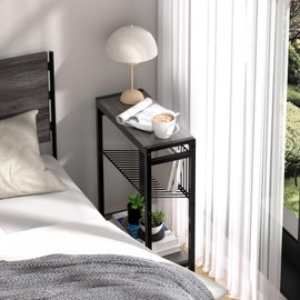 Narrow Side Table Set of 2, End Table for Small Space, 3-Tier Nightstand Bedside Table with Magazine Holder, Skinny Snack Couch Table in Living Room, Bedroom Study and Balcony (Grey)