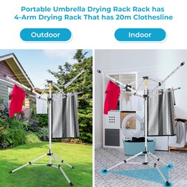 JS HANGER Drying Natural Clothes Airer Outdoor Portable 4-arm Aluminum Drying Rack w/Ground Stake, Carry Bag, 28-Lines with 65 ft. Umbrella Clothesline