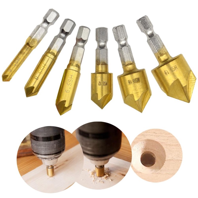 Ruidee 6 Pcs Countersink Drill Bits Set Hex Shank Wood