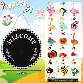 Memorywuu 16 Pcs Interchangeable Goose Welcome Sign 12 Inch Holiday Seasonal Wooden Sign with Wooden Holiday Magnet Goose Pieces for Front Door Porch Wall Decor(Black)