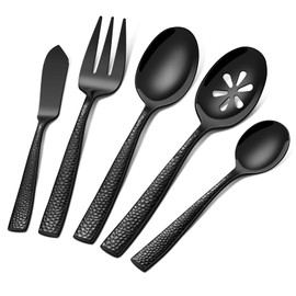 Ollex Stainless Steel Large Serving Utensils with Hammered Serving Spoon, Slotted, Serving Fork,Butter Knife,Sugar Spoon Hostess Black Serving Utensil Set for Parties,Buffet,Dishwasher Safe