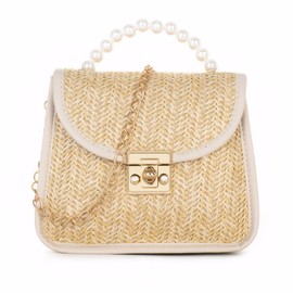 XFSRG Beach Bag Women's Boho Style Straw Bag Summer Shoulder Bag with Chain Woven Clutch for Beach Holiday Travel Wedding (White)