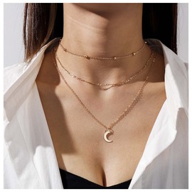 Cimenexe Bohemian Layered Moon Pendant Necklace Crescent Moon Choker Necklace Multi Layered Figaro Link Chain Necklace Gold Satellite Chain Necklace Jewelry for Women and Girls Gifts