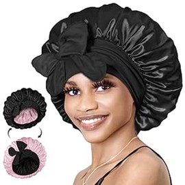 Reversible Satin Bonnet for Sleeping Adjustable Silk Hair Cap for Women Night Head Wrap for Curly Long Braid Tresse Wigs, Black +Pink