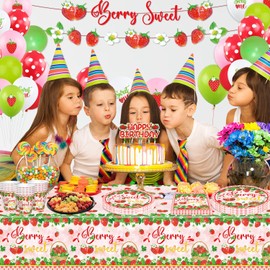 83 Pcs Strawberry Birthday Decorations Strawberry Themed Supplies Berry First Birthday Party Supplies Sweet One Decor Fruit Party Tableware Set - Plates, Banners, Tablecloth, Napkins, Cups Serves 20