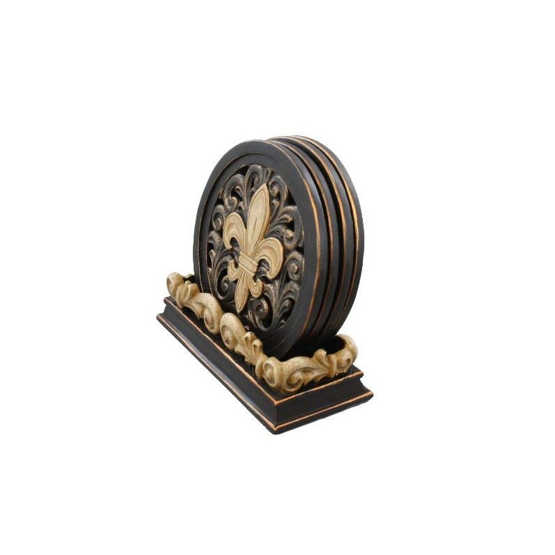 LL Home Fleur-De-Lis Carved Scrolls 4 Coaster Set