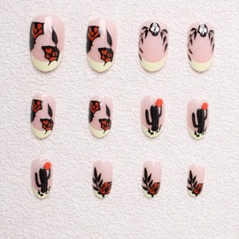 Halloween Press on Nails Extra Short Fake Nails with Flower Heart Cactus Skull Snake Yellow French Tip Designs 24 Pcs Reusable Artificial Oval Acrylic Stick on Nail for Women WYFHDT