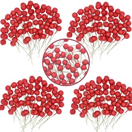 100pcs Christmas Glittering Red Berry Artificial Red Holly Berries,Artificial Fruits Red Berry Picks Winter Berries Bunch Berry Branches for Christmas Wreath Making Decoration Supplies Xmas Tree Party