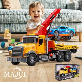 MAJCL 15" Large Tow Truck Toy,Friction Powered Transport Truck Crane Toy with Lights and Sounds,with Roadster,Kids Toys for 3 4 5 6 7 Years Old Boys Girls Gifts