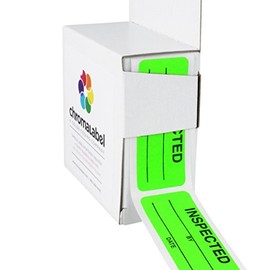 ChromaLabel 1 x 2-1/4 Inch Quality Control Inventory Labels, 200 Labels per Dispenser Box, Fluorescent Green, Imprinted: Inspected by