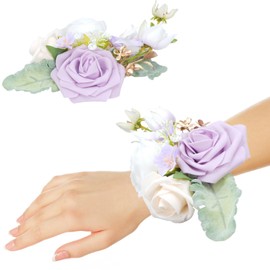 Zythrem 2pcs Rose Wrist Corsage Artificial Flowers Wedding Hand Flowers Girl/Mother Corsages Wristlet Decor for Homecoming Wedding Prom Anniversary(Purple, White)