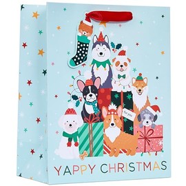 Design By Violet Yappy Christmas Dog Design Gift Bag with Gift Tag - Blue - Large - Gift Bag for Christmas, Gift Wrap, Christmas Wrapping Paper, Xmas, Festive Gift Bag