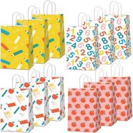 12Pcs Back to School Party Gift Bag for School Season Party Supplies First and Last Day of Schools Treat Bags Apple Pencils Paper Goodie Bags with Handles for Kids Birthday Classroom Decoration