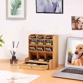 Marbrasse Wooden Desk Organizer, Multi-Functional DIY Pen Holder, Organizer for desk, Desktop Stationary, Easy Assembly, Home Office Art Supplies Storage with Drawer (B11-Cherry Color)