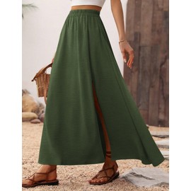 Zeagoo Skirt Women's Long Elegant Summer Skirts A-line Elastic High Waist Maxi Skirt Plain Flowy Casual Skirt Beach Skirt with Slit S-XXL, Army Green, M