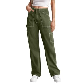Women High Waisted Cargo Pants Wide Leg Casual Pants 6 Pockets Combat Military Trousers Army Green