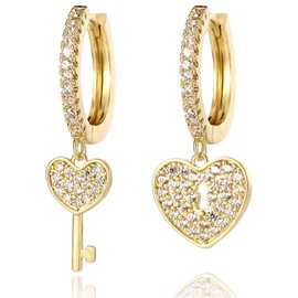 Small Hoop Dangle Earrings 925 Sterling Silver CZ Diamonds Round Huggie Earrings For Men Women (gold, Lock and Key)