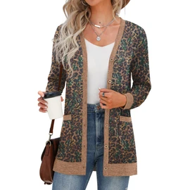 GRECERELLE Cardigan for Women Open Front Button Down Printed Lightweight Ladies Sweater V Neck Long Sleeve Outerwear Tops with Pockets FP Leopard Brown-L