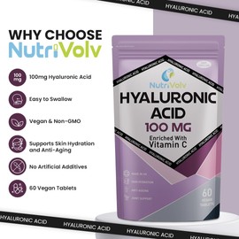 Hyaluronic Acid 100mg & Vitamin C | 60 Tablets | Vegan | for Men & Women | Healthy Skin Bones Anti Ageing | by NutriVolv