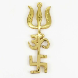 Gold Plated Om Swastik Trishul Car Hanging Brass Tri Shakti Yantra Car Décor